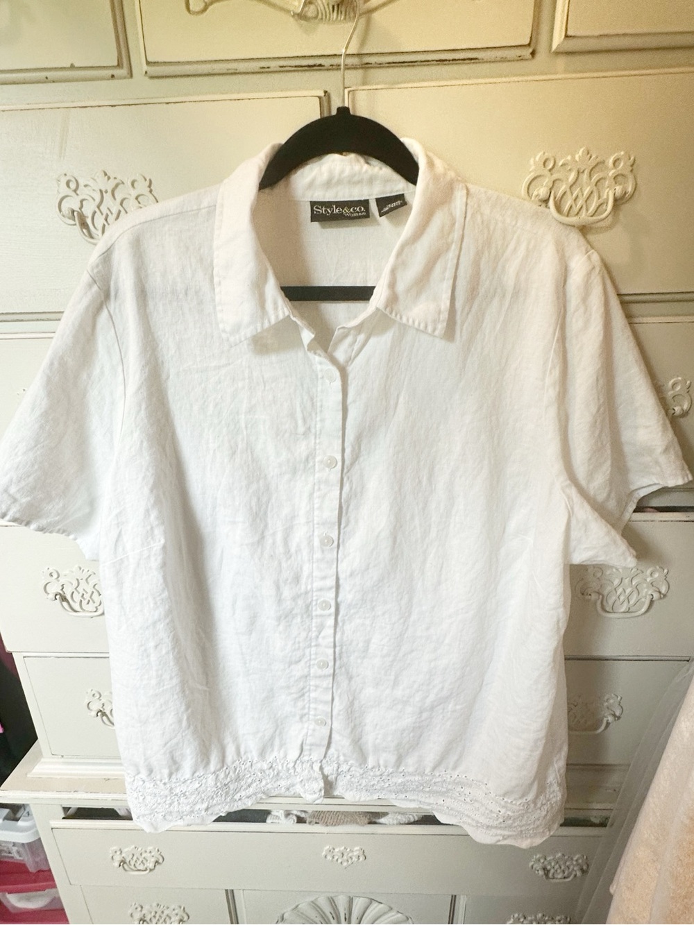 Style & Co. White Button-Down Linen Short Sleeve Shirt